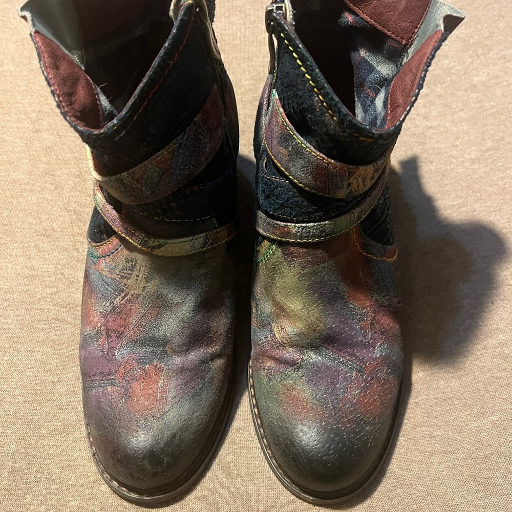 Multicolor Distressed Leather Strap Heeled Ankle Boots